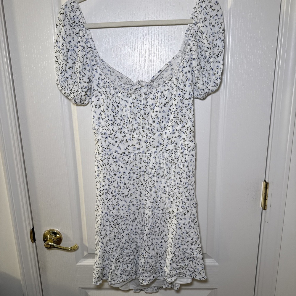 Altar'd State Floral Mini Dress XL White Blue Puff Sleeve Tie Back Cottagecore